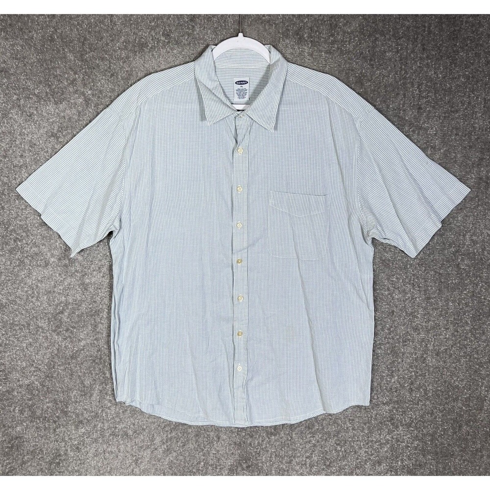 Old Navy Short Sleeve Mini Check Button Up Shirt Mens Size XL‎ Blue White Cotton